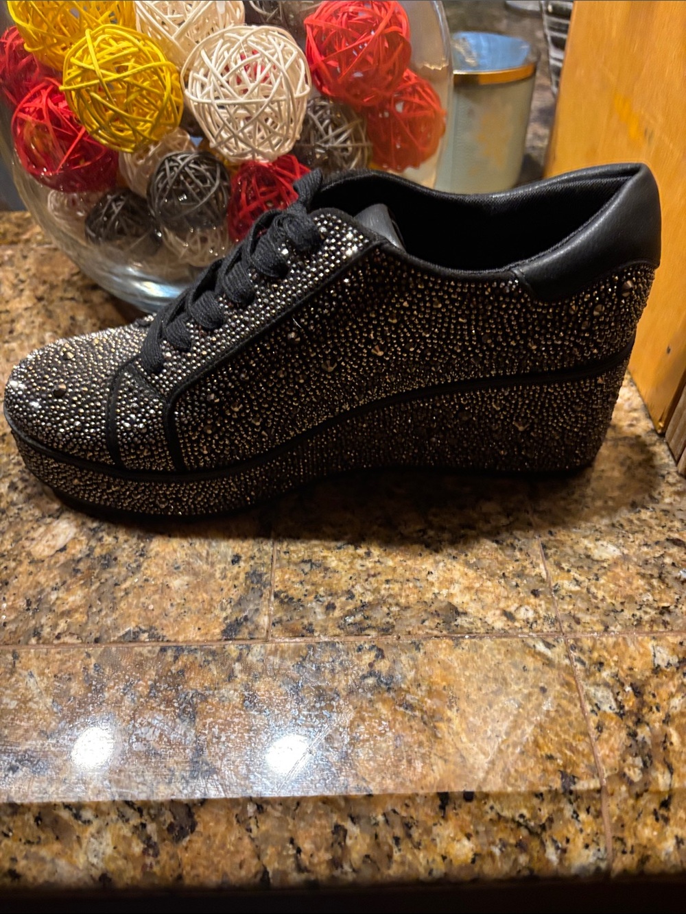 Black platform sneakers with all-over rhinestone embellishment. - Picture 4 of 9